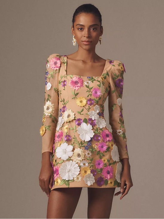 Helsi Dresses & Skirts - Helsi Ellen Puff-sleeve 3d Floral A-line Mini Dress In Brown size XS Preloved